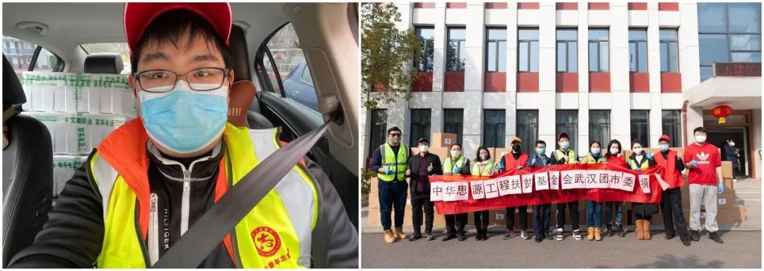 左圖：10輛轎車(chē)后座和后備箱堆滿了菜，出發(fā)送給社區(qū)；右圖：各位志愿者協(xié)助接收消毒防護(hù)物資